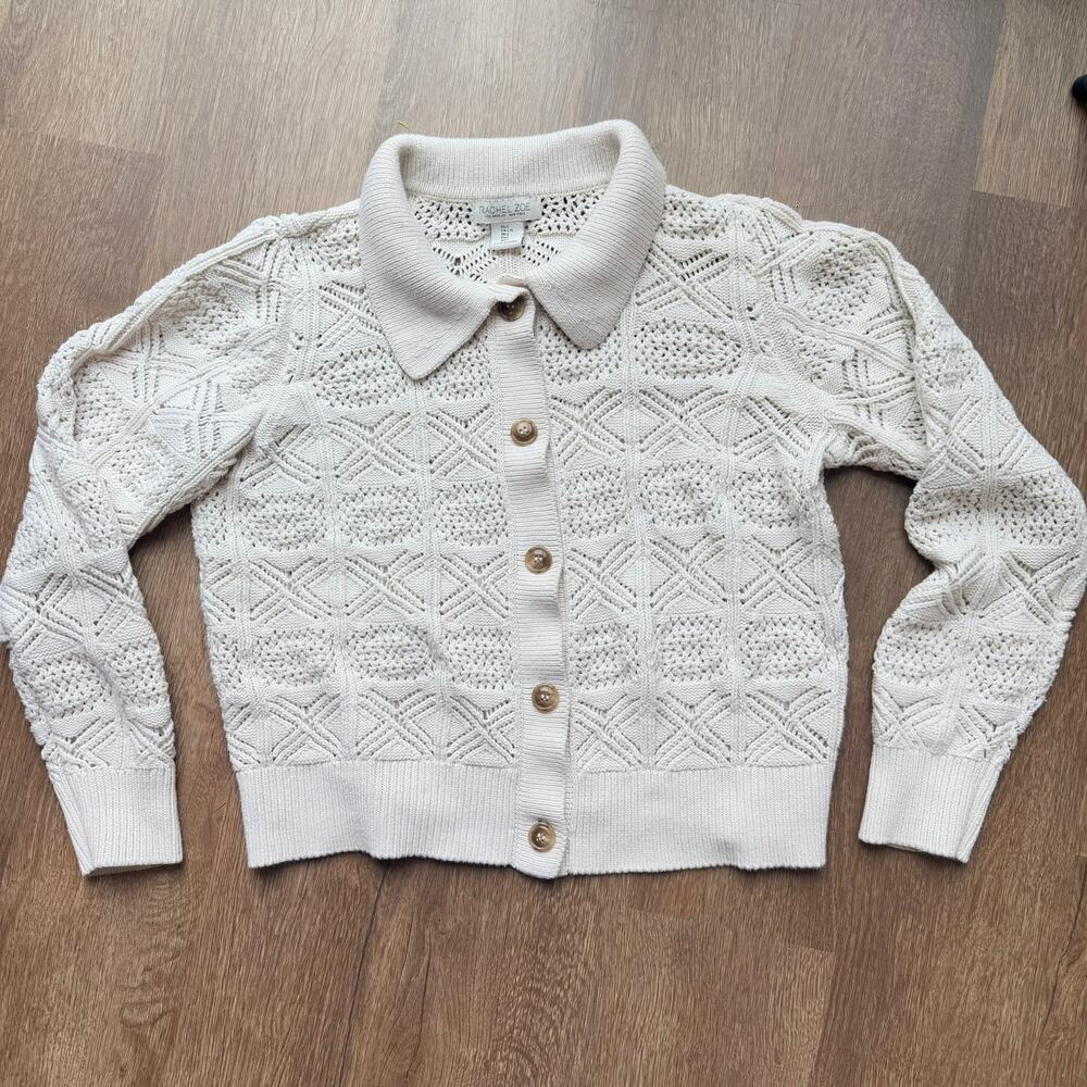 Rachel Zoe Cardigan Crochet Knit Collared Modern Women Size L Cream Ivory White